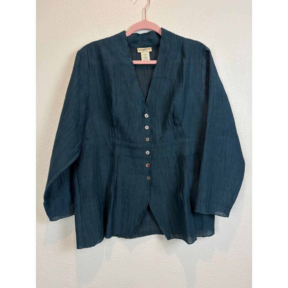 TravelSmith Blouse Womens LP Teal Blue Crinkle Button Front  V-Neck Rayon Blend